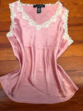 Dialogue Pink Satin Chemise with Ivory Lace Trim